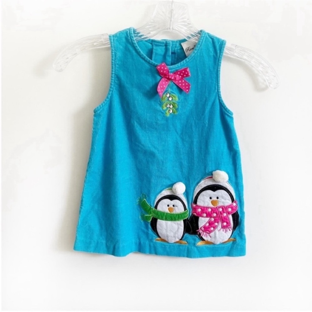Rare Editions jumper dress blue corduroy penguins embroidered Christmas